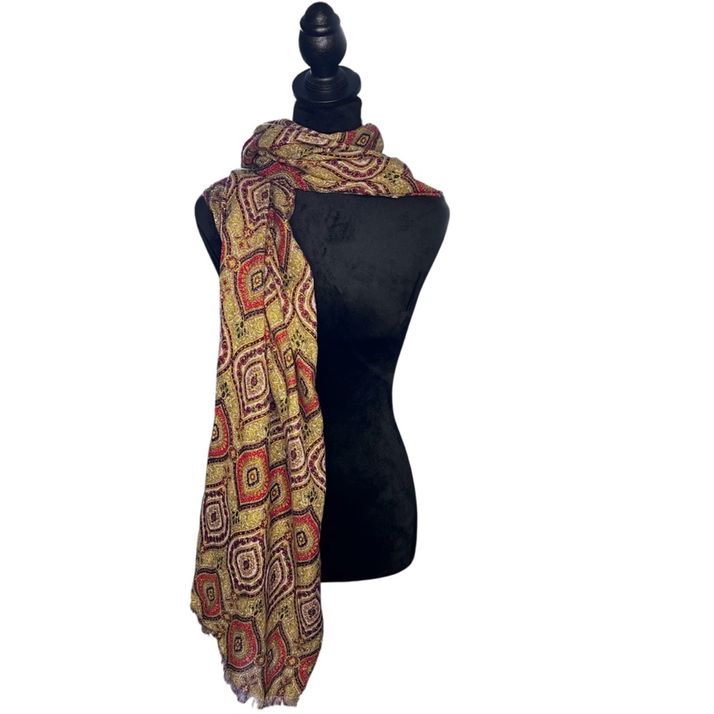 TALBOTS Medallion Print Scarf Brown/Wine Wool Metallic Thread  19.5 x 76”
